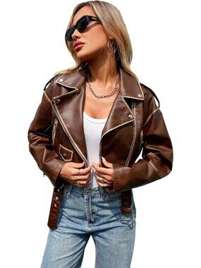 Women Dark Brown Faux Leather Minimalist Zip Up Cropped Belted Moto Biker Jacket